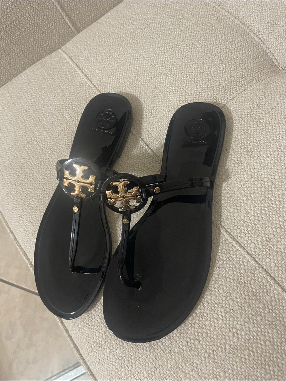 Tory Burch Black Patent Jelly Miller Logo Thong Sandals with Gold Emblem